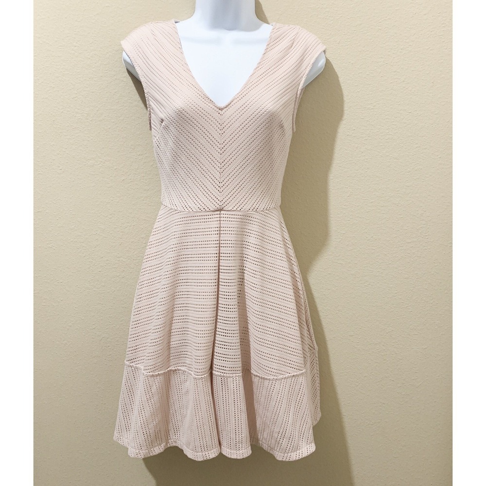 Bar III Womens Blush Pink Textured Geometric Fit and Flare V-Neck Dress Small